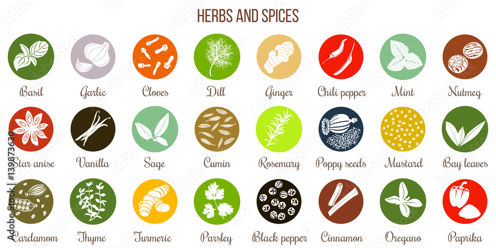 Big icon set of popular culinary herbs and spices white silhouettes Big icon set of popular culinary herbs and spices white silhouettes