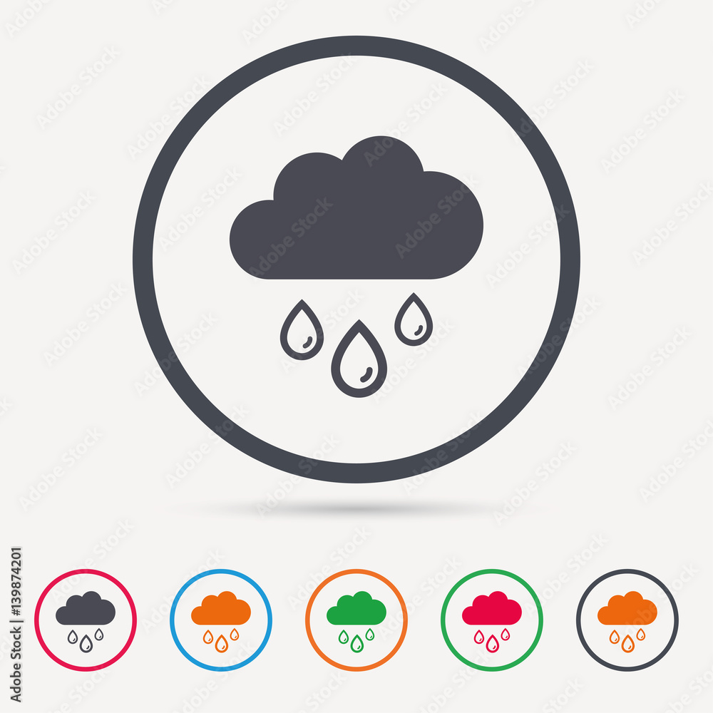 Cloud with rain drops icon. Rainy day symbol. Round circle buttons. Colored flat web icons. Vector Cloud with rain drops icon. Rainy day symbol. Round circle buttons. Colored flat web icons. Vector