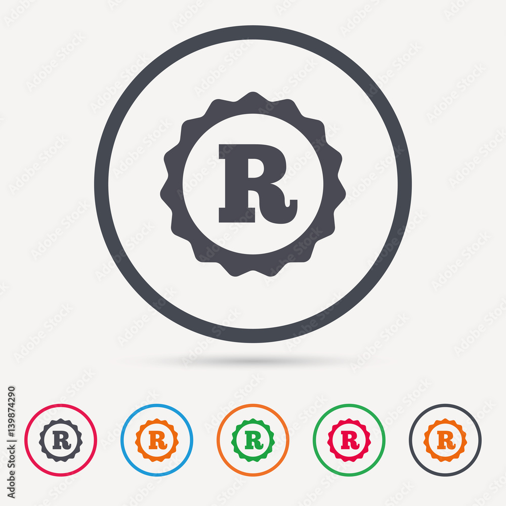 Obraz premium Registered trademark icon. Intellectual work protection symbol. Round circle buttons. Colored flat web icons. Vector