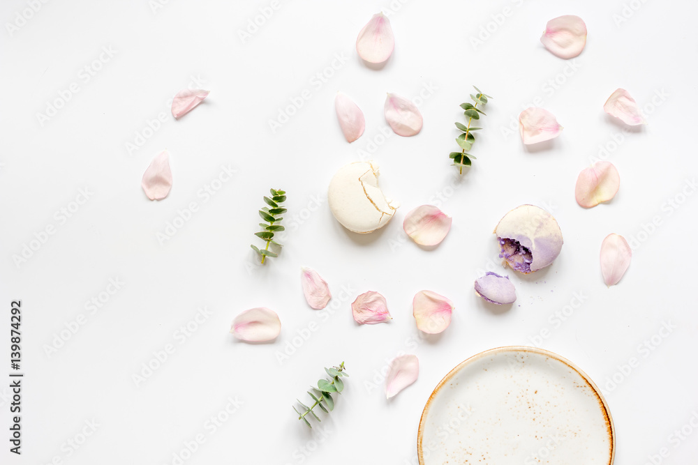 woman breakfast with rose and macaroons white table top view mockup woman breakfast with rose and macaroons white table top view mockup
