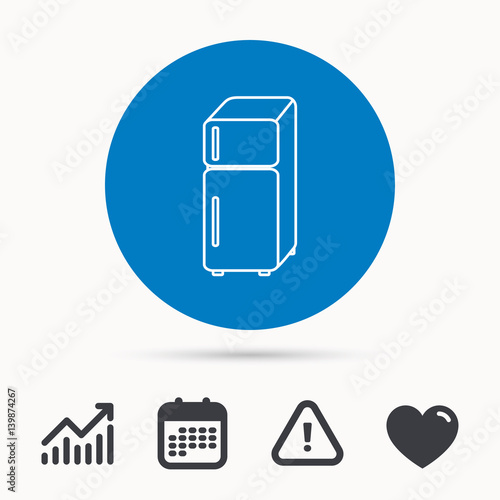 Refrigerator icon. Fridge sign. Calendar, attention sign and growth chart. Button with web icon. Vector
