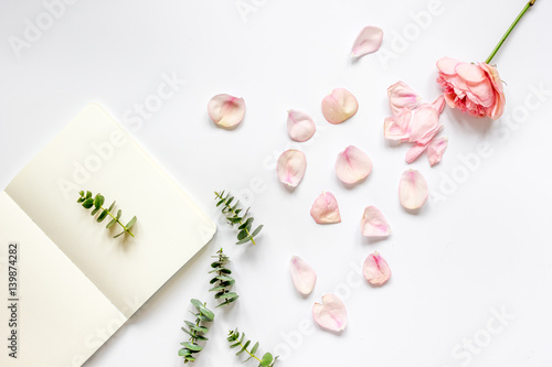 trandy design with flower and copybook on white background top veiw