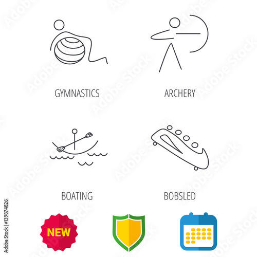 Gymnastics, boating and archery icons. Bobsled linear sign. Shield protection, calendar and new tag web icons. Vector