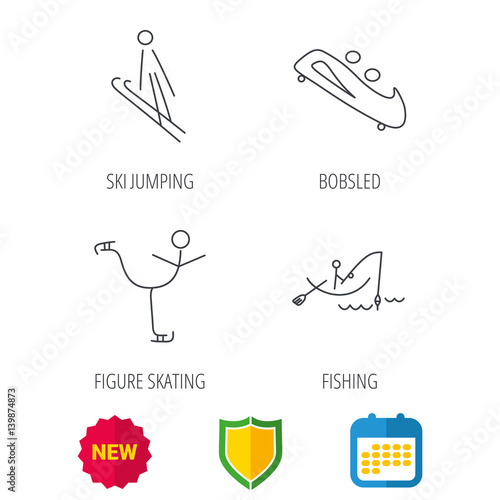 Fishing, figure skating and bobsled icons. Ski jumping linear sign. Shield protection, calendar and new tag web icons. Vector