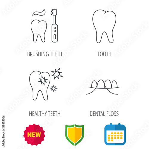 Dental floss, tooth and healthy teeth icons. Brushing teeth linear sign. Shield protection, calendar and new tag web icons. Vector