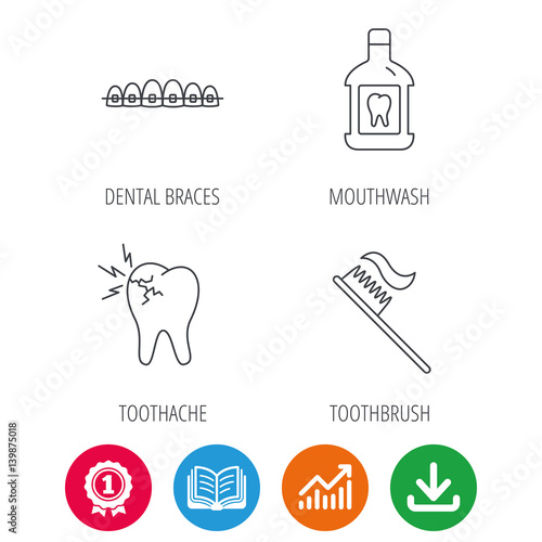 Toothache, dental braces and mouthwash icons. Toothbrush linear sign. Award medal, growth chart and opened book web icons. Download arrow. Vector