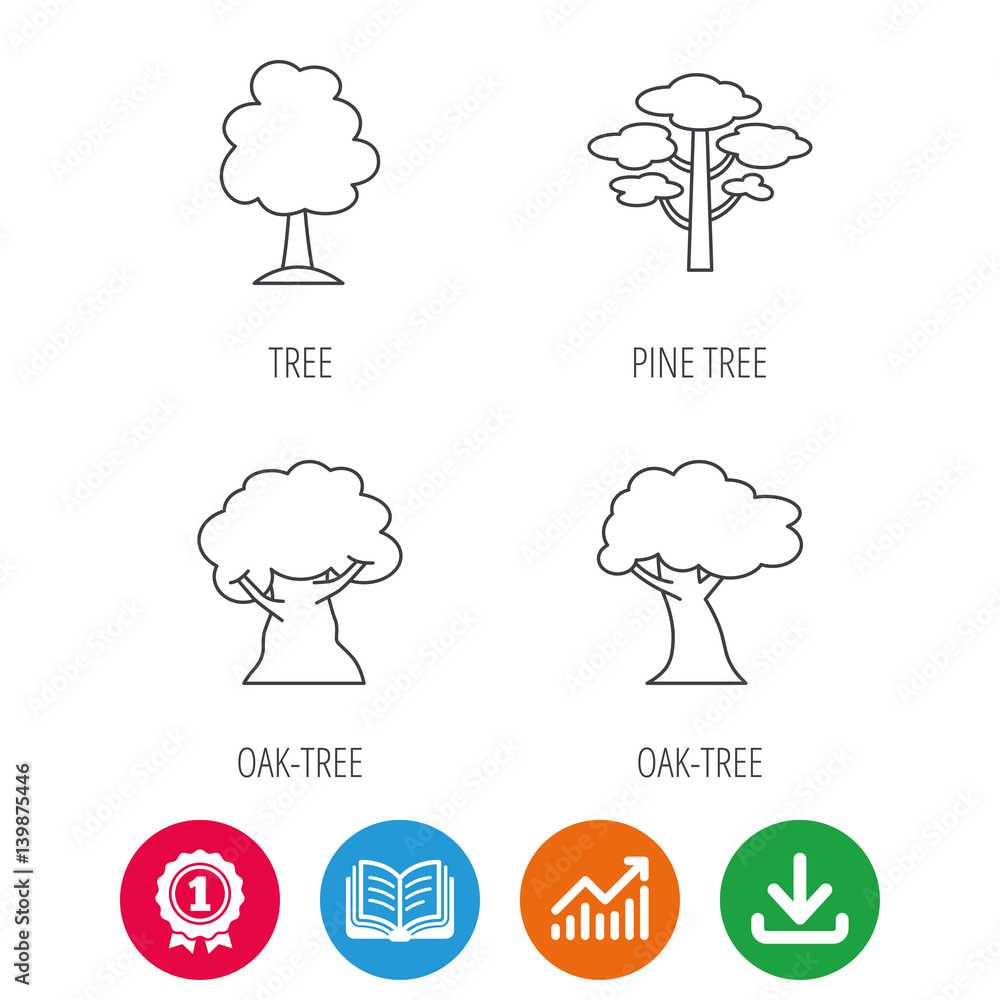 Pine tree, oak-tree icons. Forest trees linear sign. Award medal, growth chart and opened book web icons. Download arrow. Vector Pine tree, oak-tree icons. Forest trees linear sign. Award medal, growth chart and opened book web icons. Download arrow. Vector