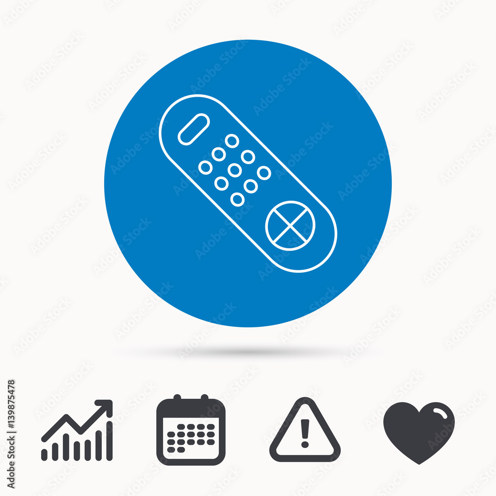 Remote control icon. TV switching channels sign. Calendar, attention sign and growth chart. Button with web icon. Vector Remote control icon. TV switching channels sign. Calendar, attention sign and growth chart. Button with web icon. Vector