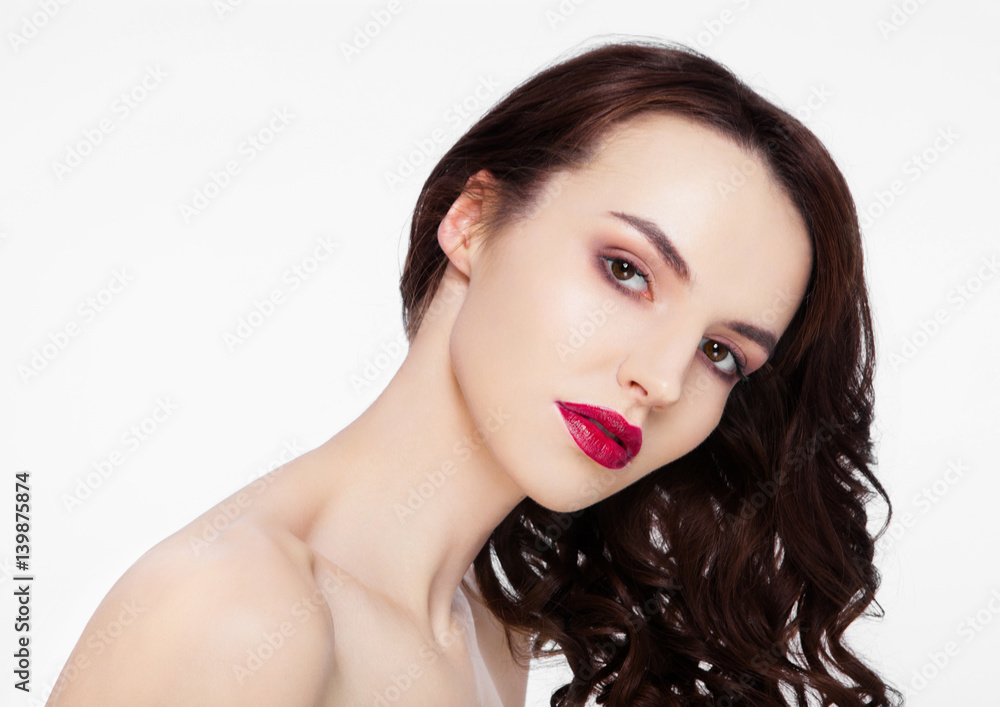 Beauty red lips makeup fashion model curly hair Beauty red lips makeup fashion model curly hair