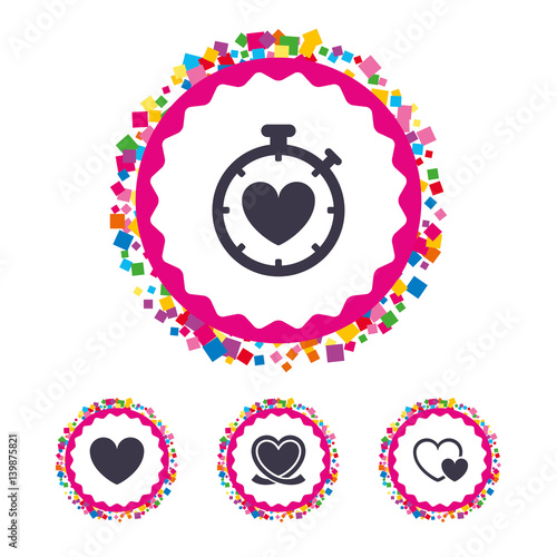 Heart ribbon icon. Timer stopwatch symbol.