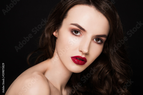 Beauty red lips makeup fashion model curly hair