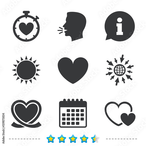 Heart ribbon icon. Timer stopwatch symbol.