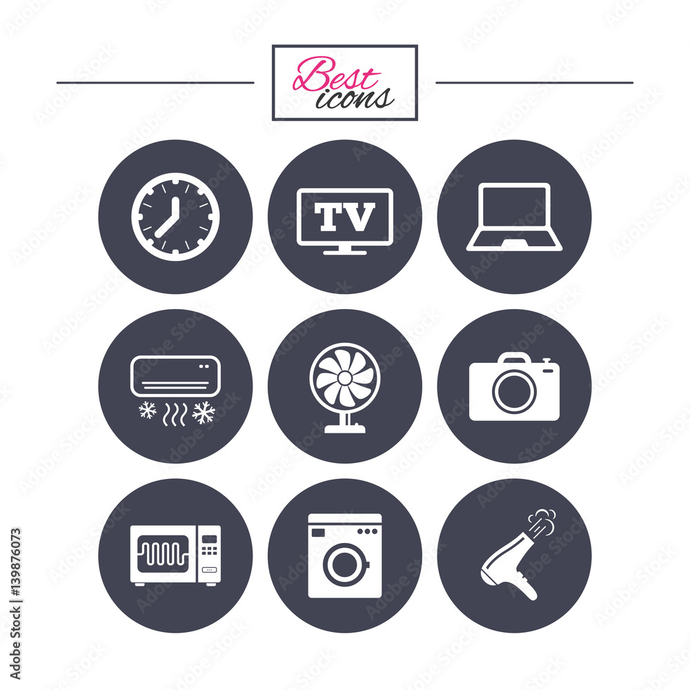 Home appliances, device icons. Electronics sign. Home appliances, device icons. Electronics sign.