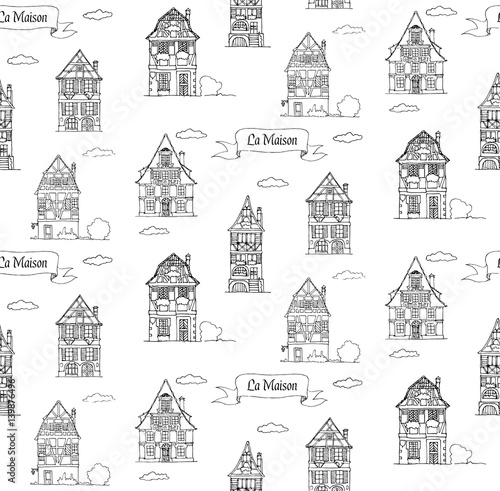 Doodle sketch House in a traditional european style seamless pattern