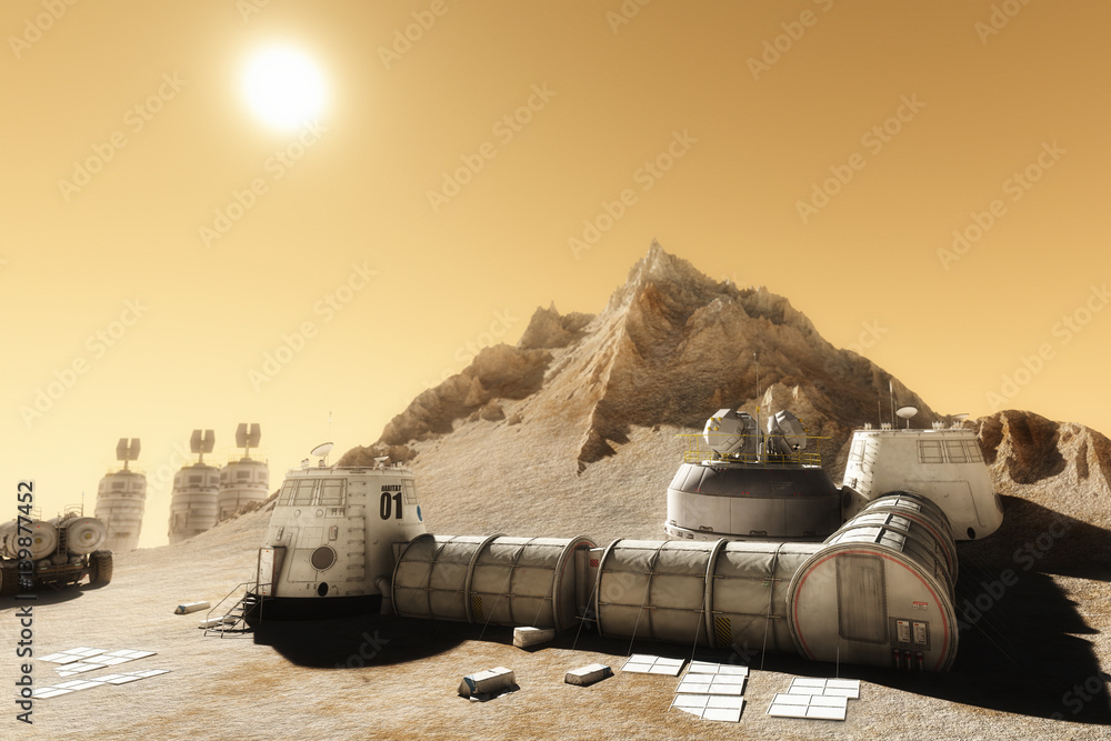 Naklejka premium Habitat settlement research and living quarters on the desolate planet of Mars. 3d rendering illustration 