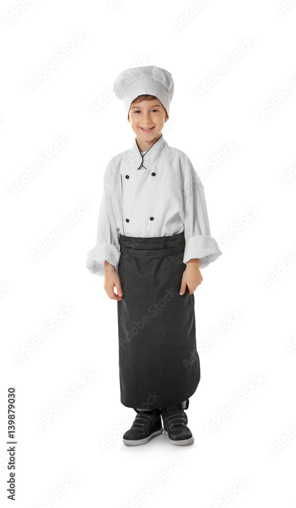Cute boy in chef uniform on white background Cute boy in chef uniform on white background