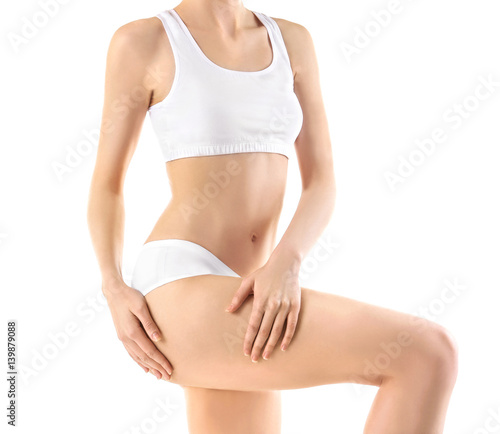 Beautiful young woman body on white background, closeup