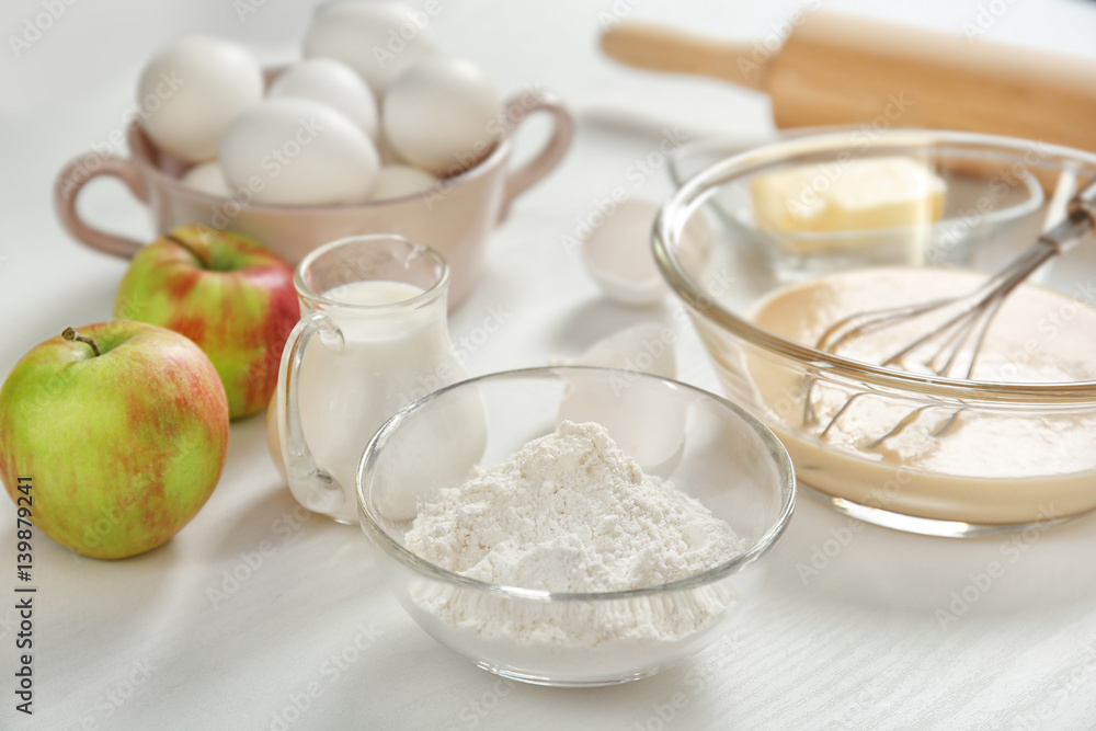 Ingredients for making pie on kitchen table Ingredients for making pie on kitchen table