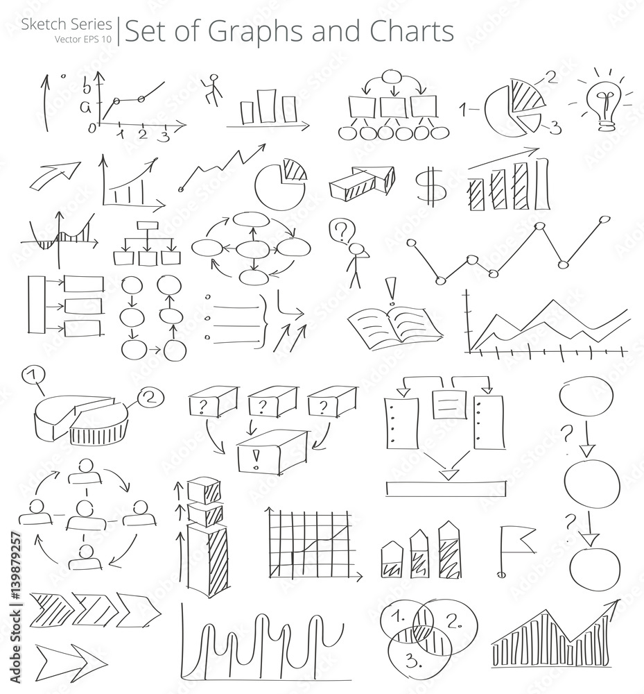 Hand Drawn Graphs and Charts icons Vector Illustration of set of Graphs and Charts icons and doodles. Hand Drawn Sketch Style.