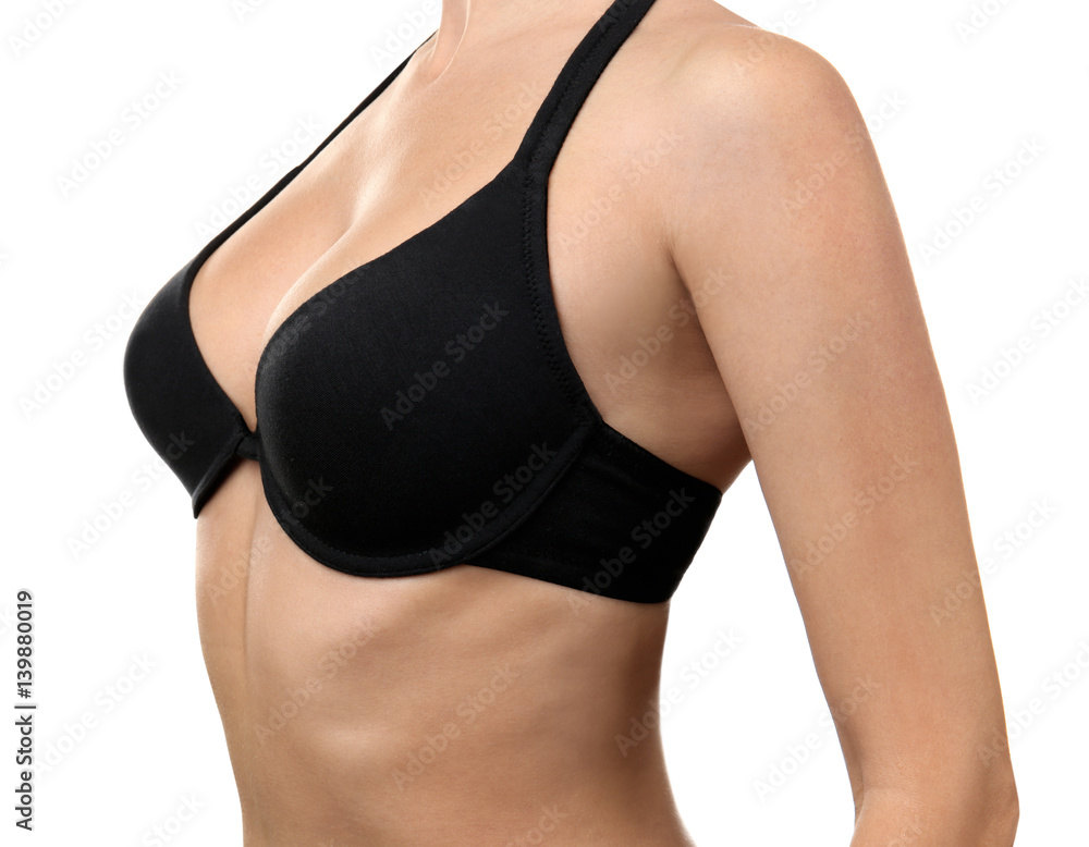 Plastic surgery concept. Closeup view of woman in black bra Stock