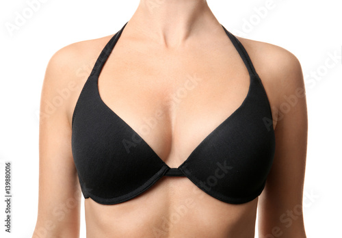 Plastic surgery concept. Closeup view of woman in black bra