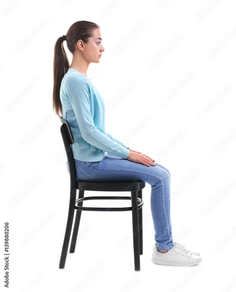 Posture concept. Young woman sitting on chair against white background  Stock Photo | Adobe Stock