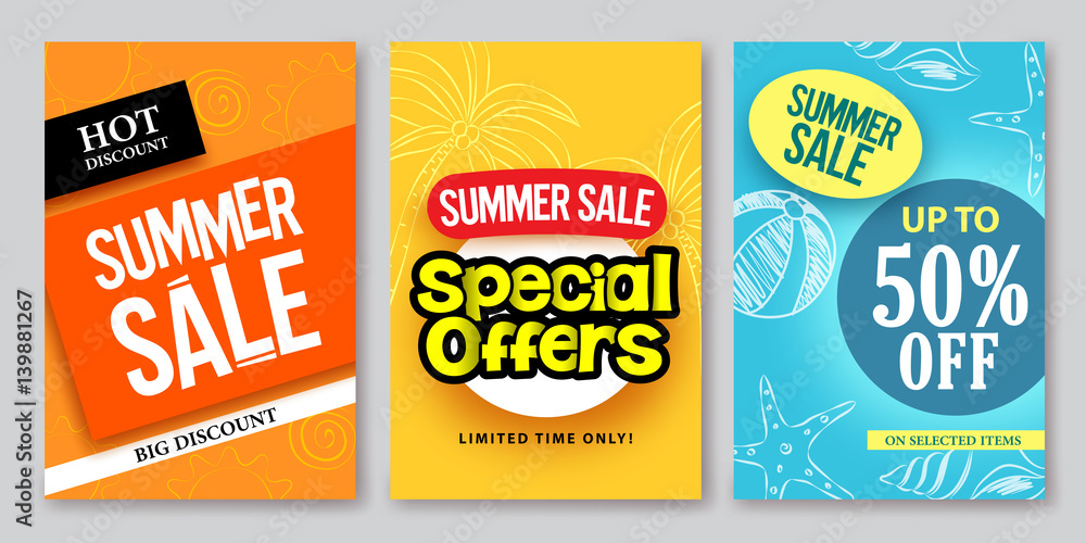Summer sale vector web banner designs and special offers for summer holiday store shopping promotion with colorful backgrounds and elements. Vector illustration.
