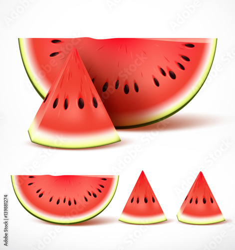 Set of sliced ripe red watermelon in 3d realistic detailed vector isolated in white background. Vector illustration.
 photo