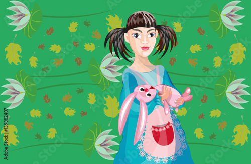 vector illustration with a sweet asian little girl with a toy on a stylish background