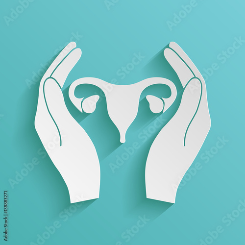 Fényképezés Hands holding Female uterus - protection icon