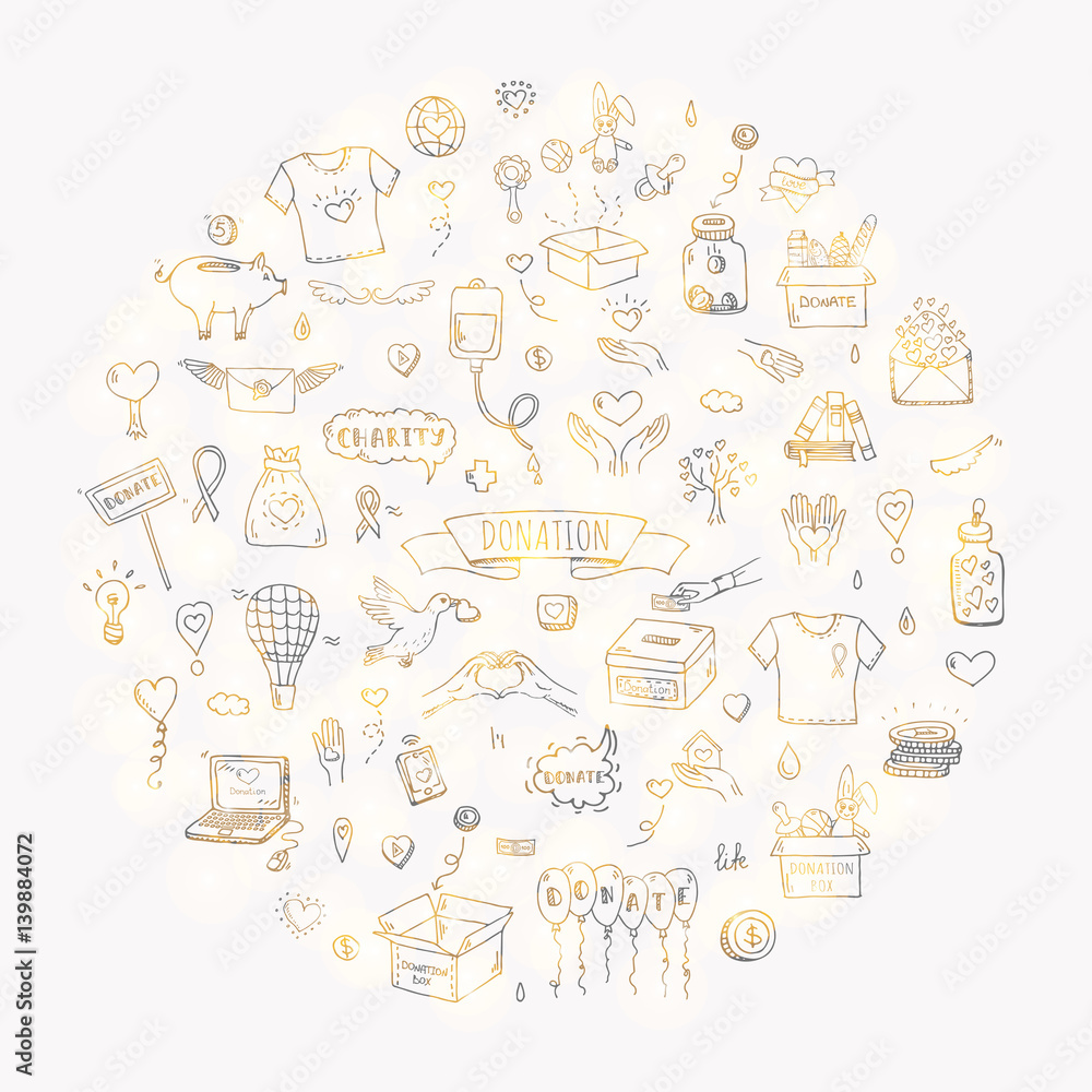 Hand drawn doodle Donation icons set. Vector illustration. Charity symbols collection Cartoon donate sketch elements: blood donation, box, heart, money jar, care, help, gift, giving hand, fund raising Hand drawn doodle Donation icons set. Vector illustration. Charity symbols collection Cartoon donate sketch elements: blood donation, box, heart, money jar, care, help, gift, giving hand, fund raising