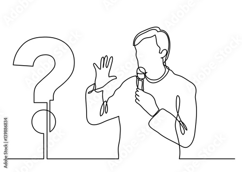 continuous line drawing of presenter speaking about a question
