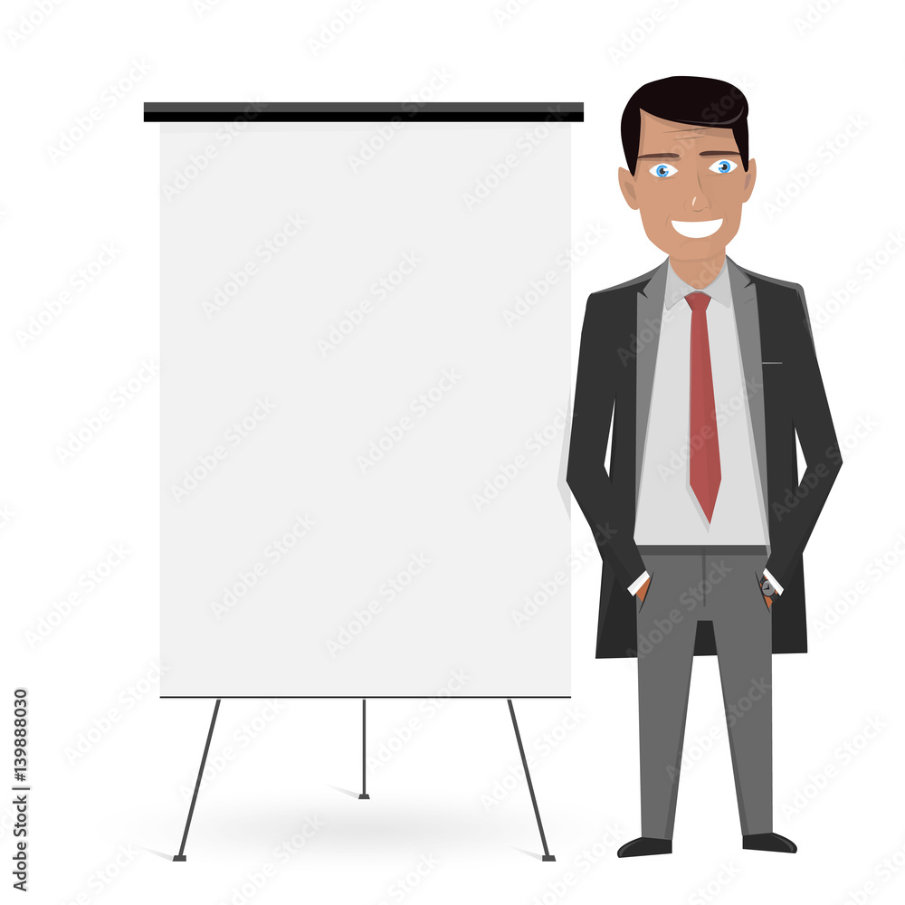 White Board for the business presentation and cartoon man in the suit. White Board for the business presentation and cartoon man in the suit.