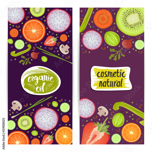 Natural cosmetics vertical flyers set vector illustration. Organic oil  natural beauty  healthy lifestyle  eco spa  bio care ingredient. Fruits and vegetables  radishes  carrots  orange  strawberry