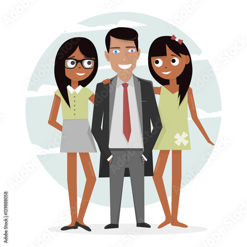 Man surrounded by two beautiful girls. Successful businessman in a suit, macho and handsome. Attractive guy on vacation.