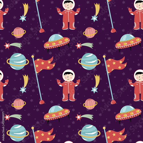 Space discover pioneers cartoon seamless pattern. Astronaut in spacesuit, stars, comet, Saturn planet, flying saucers, flag with stars vector illustrations on violet background. For greeting cards
