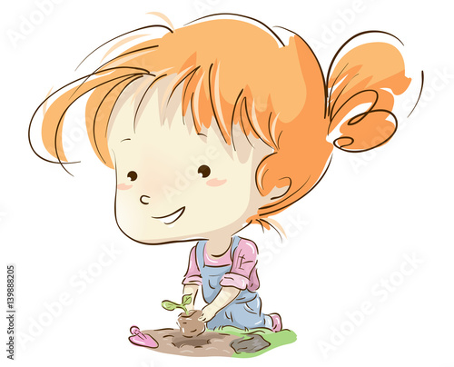 Kid Girl Planting Sapling