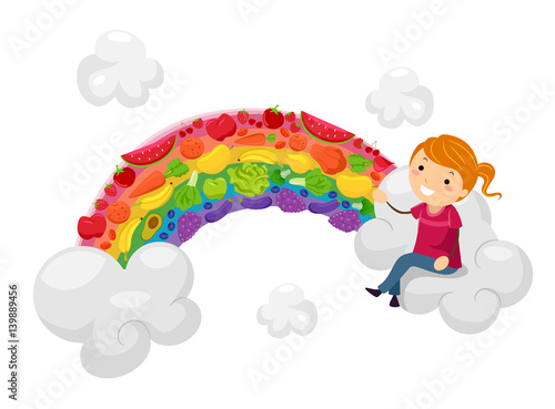 Stickman Kid Girl Rainbow Fruits Veggies