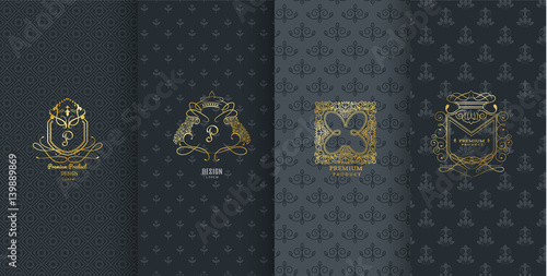 Collection of design elements,labels,icon,frames, for packaging,design of luxury products.Made with golden foil.Isolated on black background. vector illustration