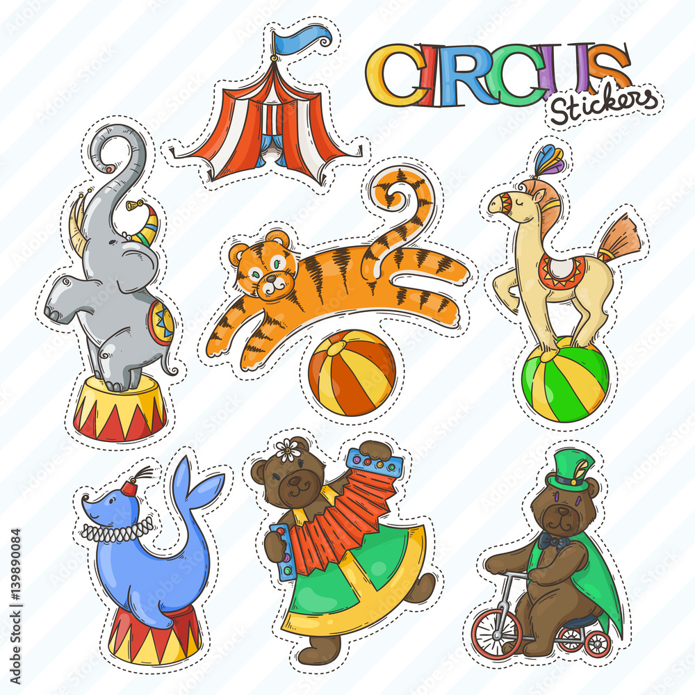 Naklejka premium Circus cartoon icons collection with chapiteau tent and trained wild animals.