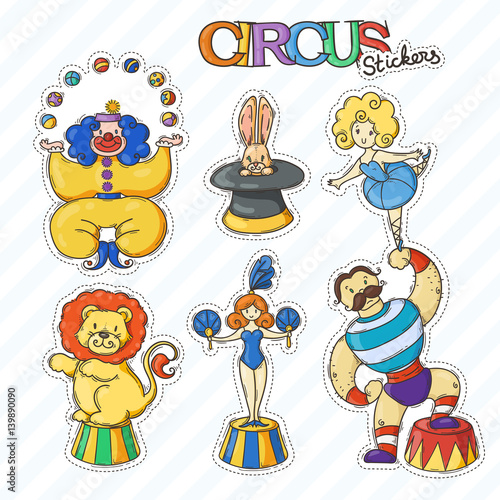 Circus cartoon icons collection with chapiteau tent and trained wild animals.