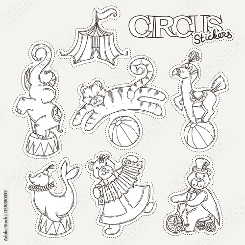 Circus cartoon icons collection with chapiteau tent and trained wild animals.