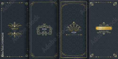Collection of design elements, labels,icon and frames for packaging and design of luxury products.Made with golden foil Isolated on black background. vector illustration