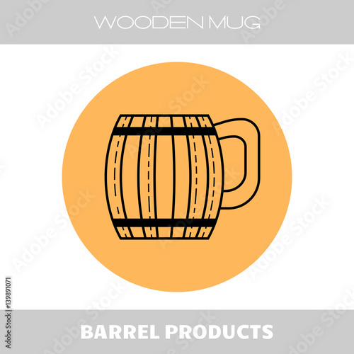 Wooden mug for beer, drinks. Flat linear icon on the orange substrate