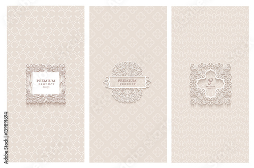 Collection of design elements, labels,icon and frames for packaging and design of luxury products. with paper art design Isolated on brown background. vector illustration
