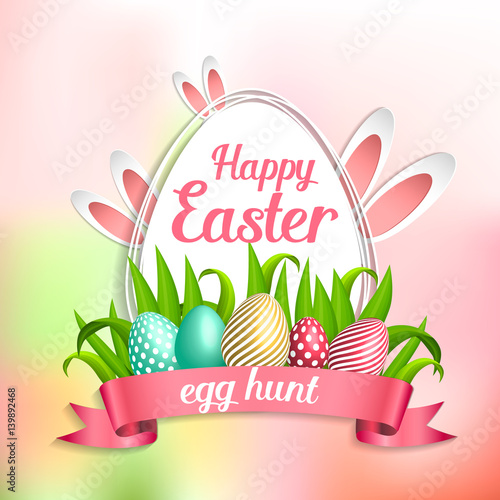 Happy easter template with gold ribbon and eggs, frame, green background and gold confetti. Vector illustration. Design layout for invitation, card, menu, flyer, banner, poster, voucher.