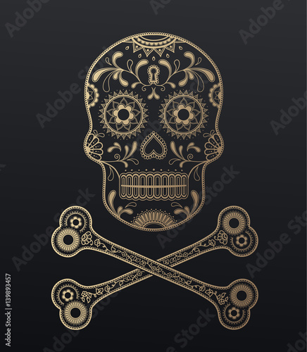 Sugar Skull day of the dead golden illustration with crossed bones.