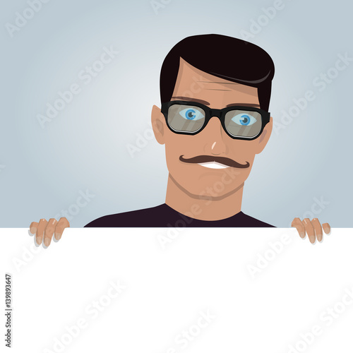 Cartoon man and blank paper for web site, user interface, mobile app. Peeking from top side of a white copy space.