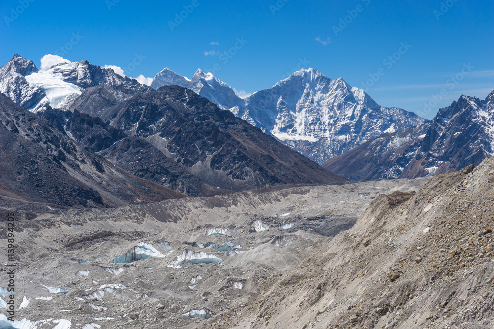 Khumbu glacier and Thamserku mountain peak, Everest region, Nepal