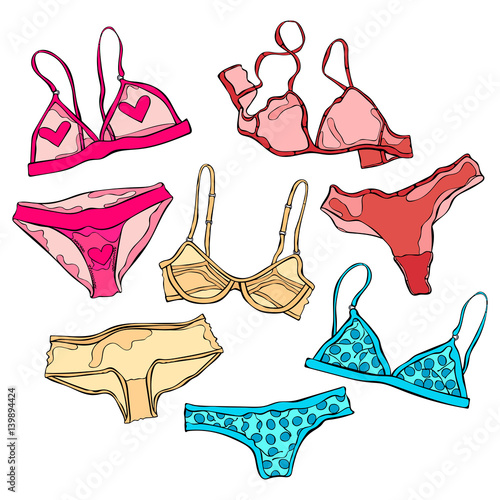 Women underwear: panties and bra. Isolated vector objects on white background.